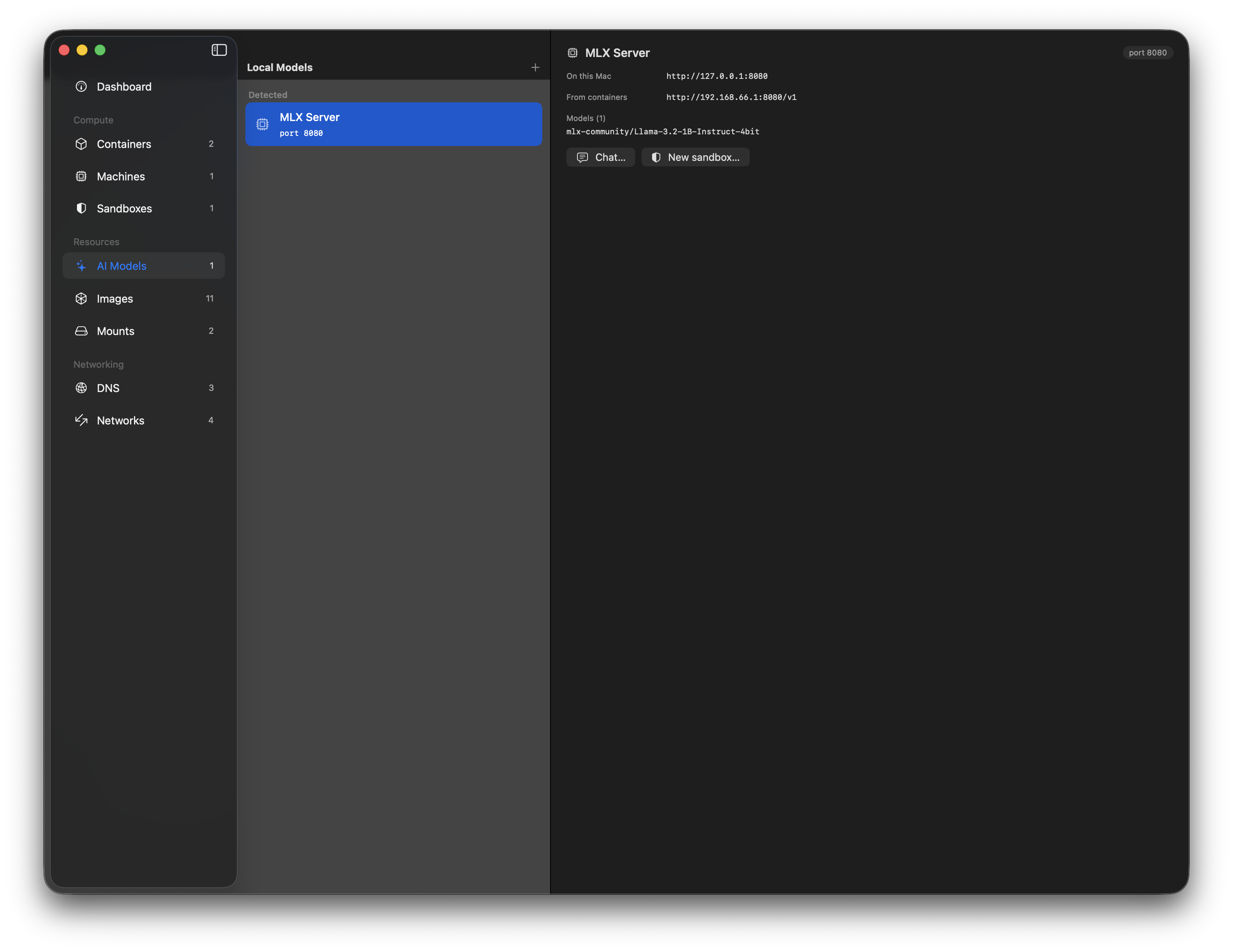 The AI Models view in Orchard: a detected MLX server with its on-Mac endpoint, its container-reachable endpoint, and the model it serves