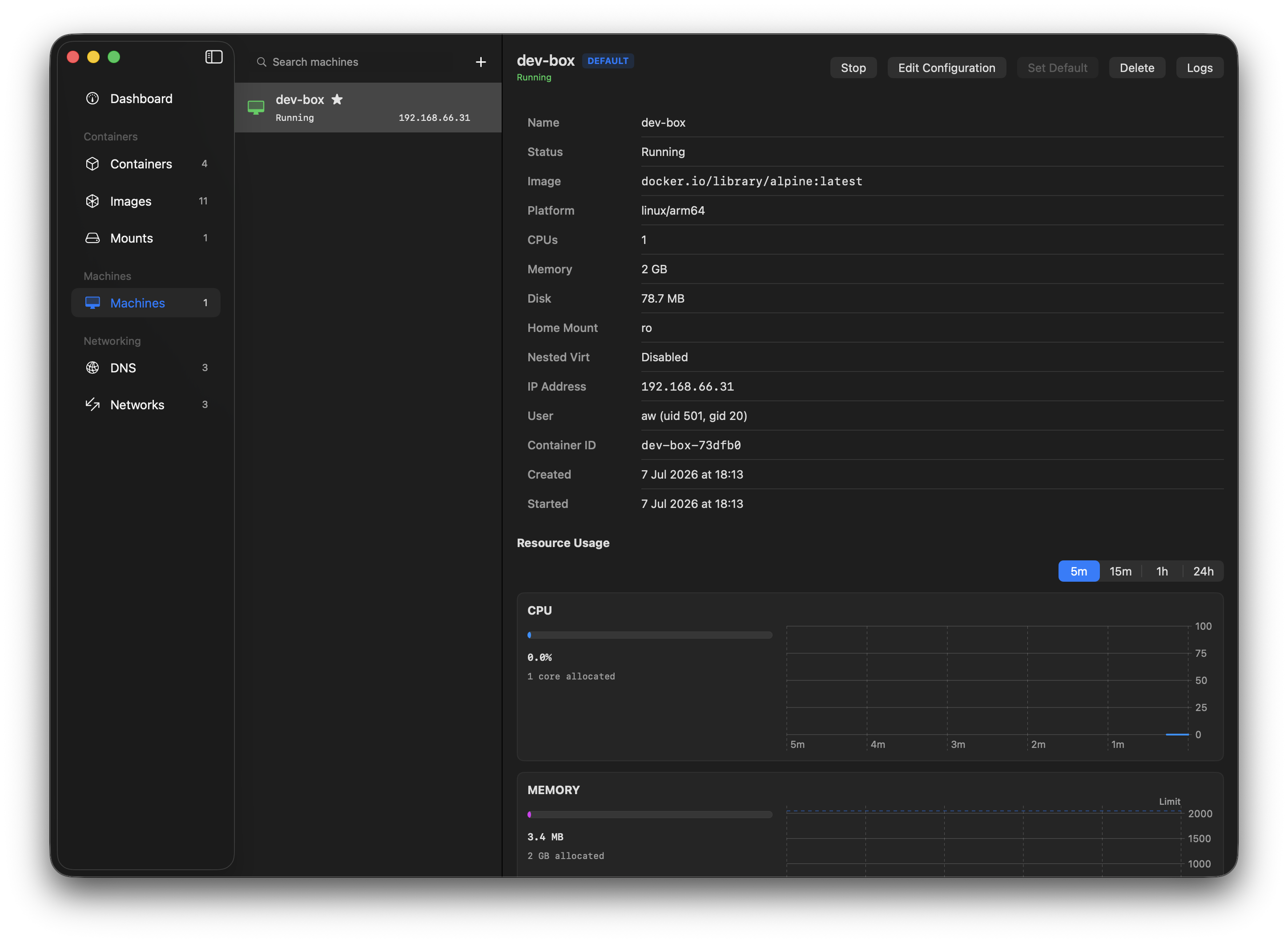 Managing a container machine in Orchard, with live resource usage
