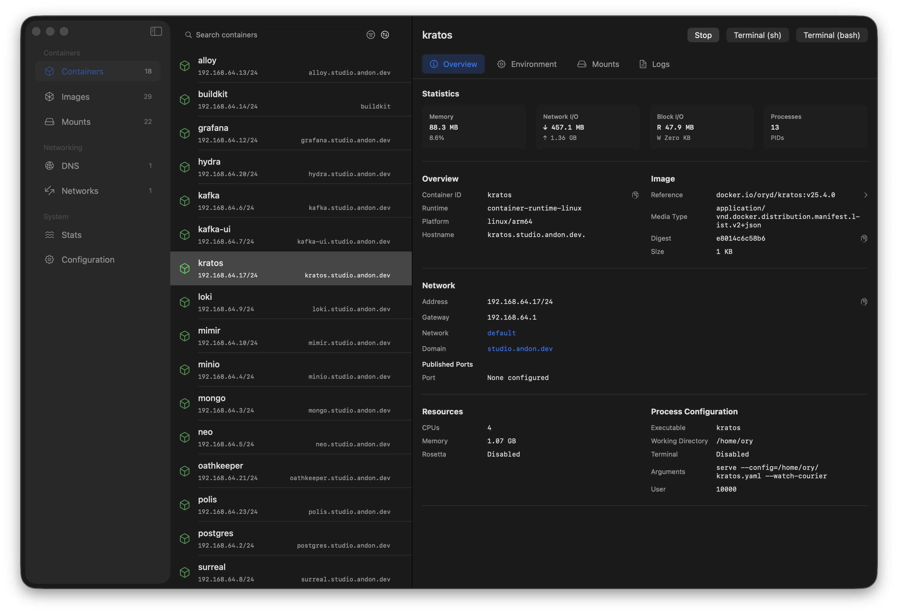 container overview screen