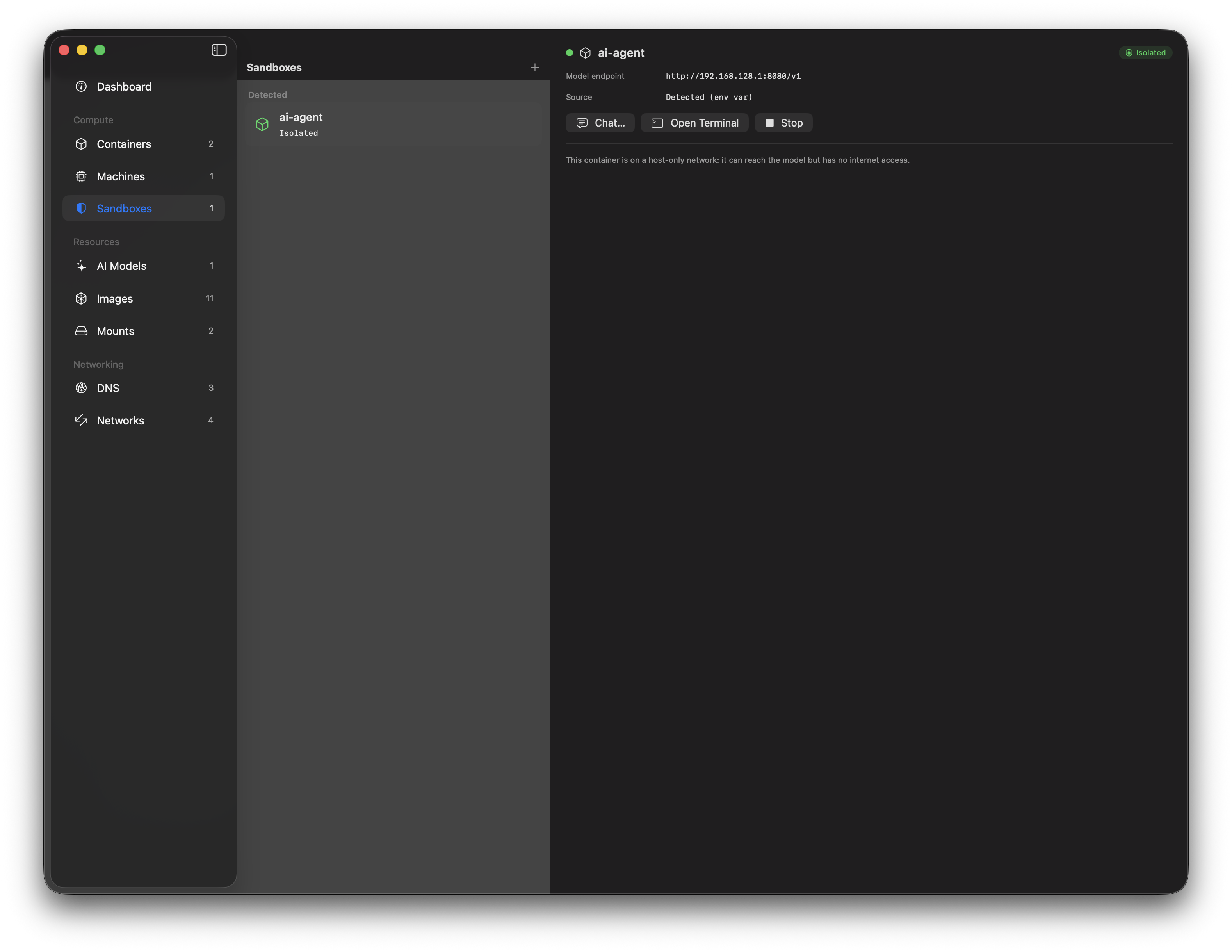 A sandboxed agent in Orchard: the Isolated badge, its model endpoint, and chat, terminal and stop controls - with a note that the container can reach the model but has no internet access