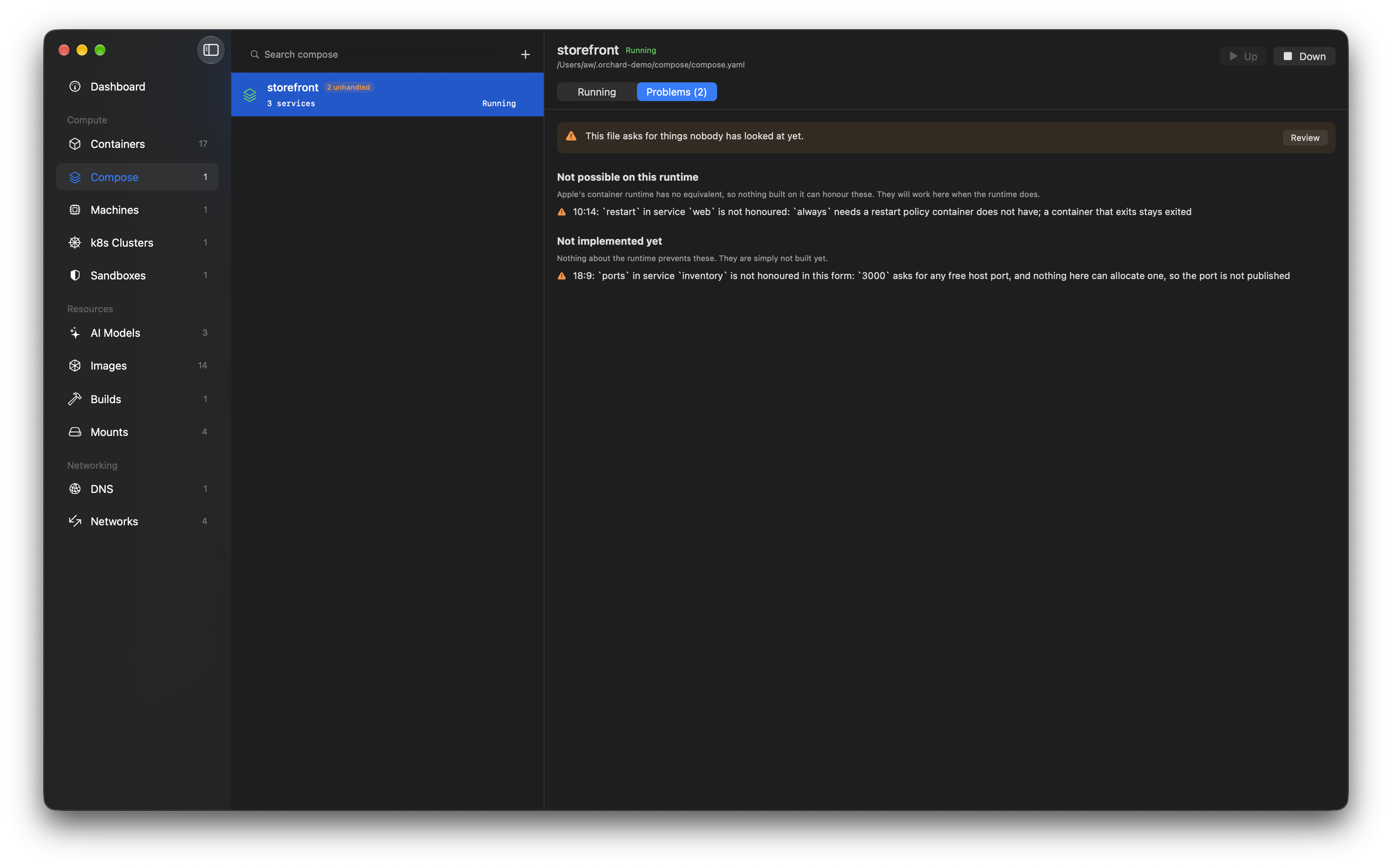The Problems tab of a compose project in Orchard, listing unhandled keys grouped by whether the runtime makes them impossible or they are not built yet