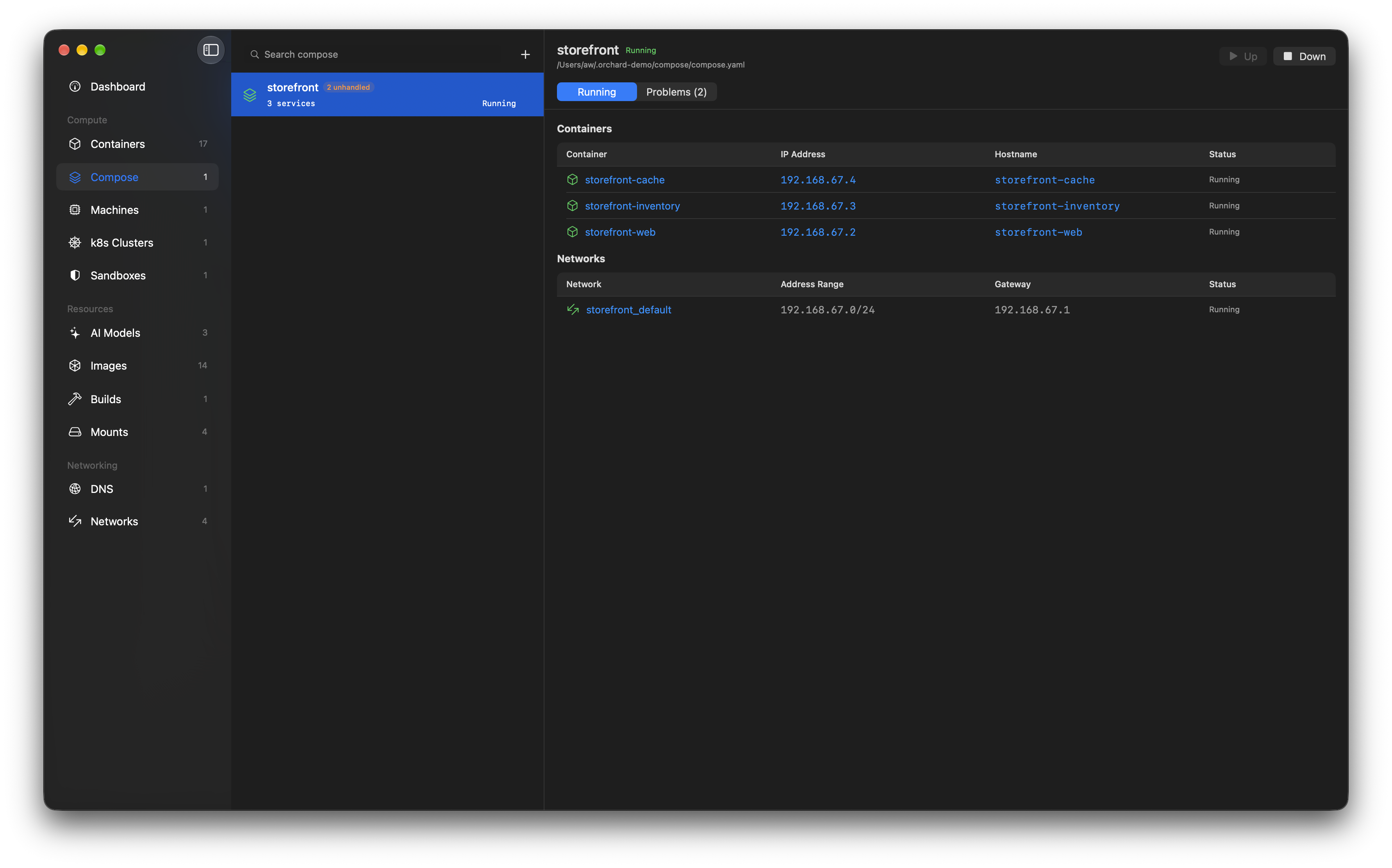 A compose project in Orchard: three services with their IP addresses and hostnames, and the network the project created