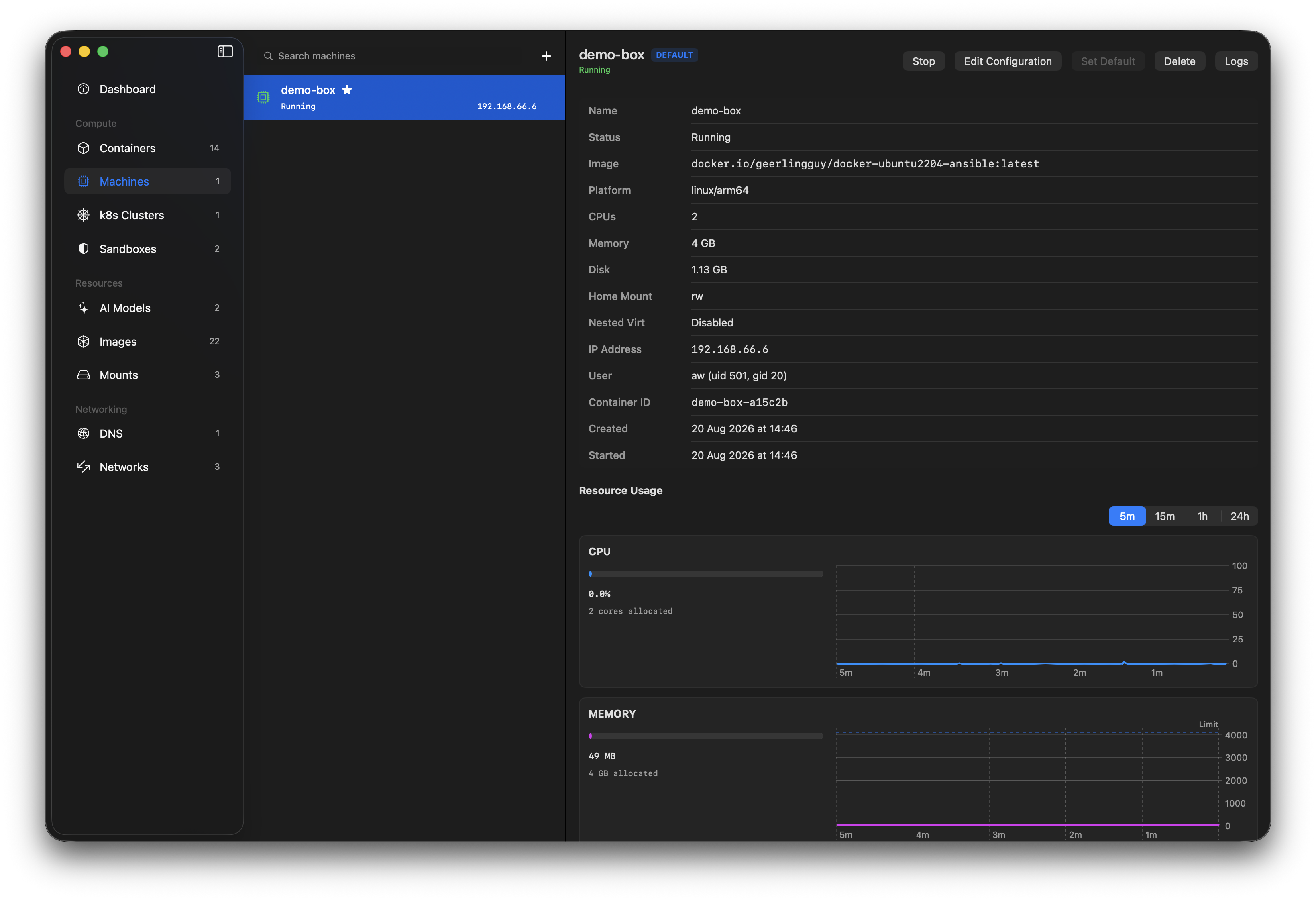 Managing a container machine in Orchard, with live resource usage