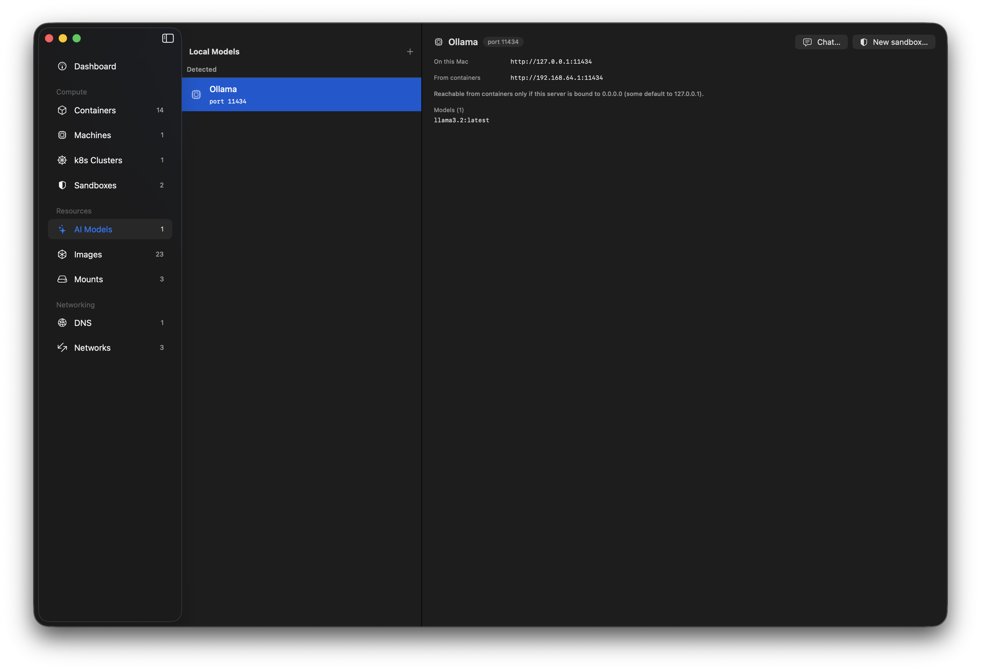 The AI Models view in Orchard: a detected MLX server with its on-Mac endpoint, its container-reachable endpoint, and the model it serves