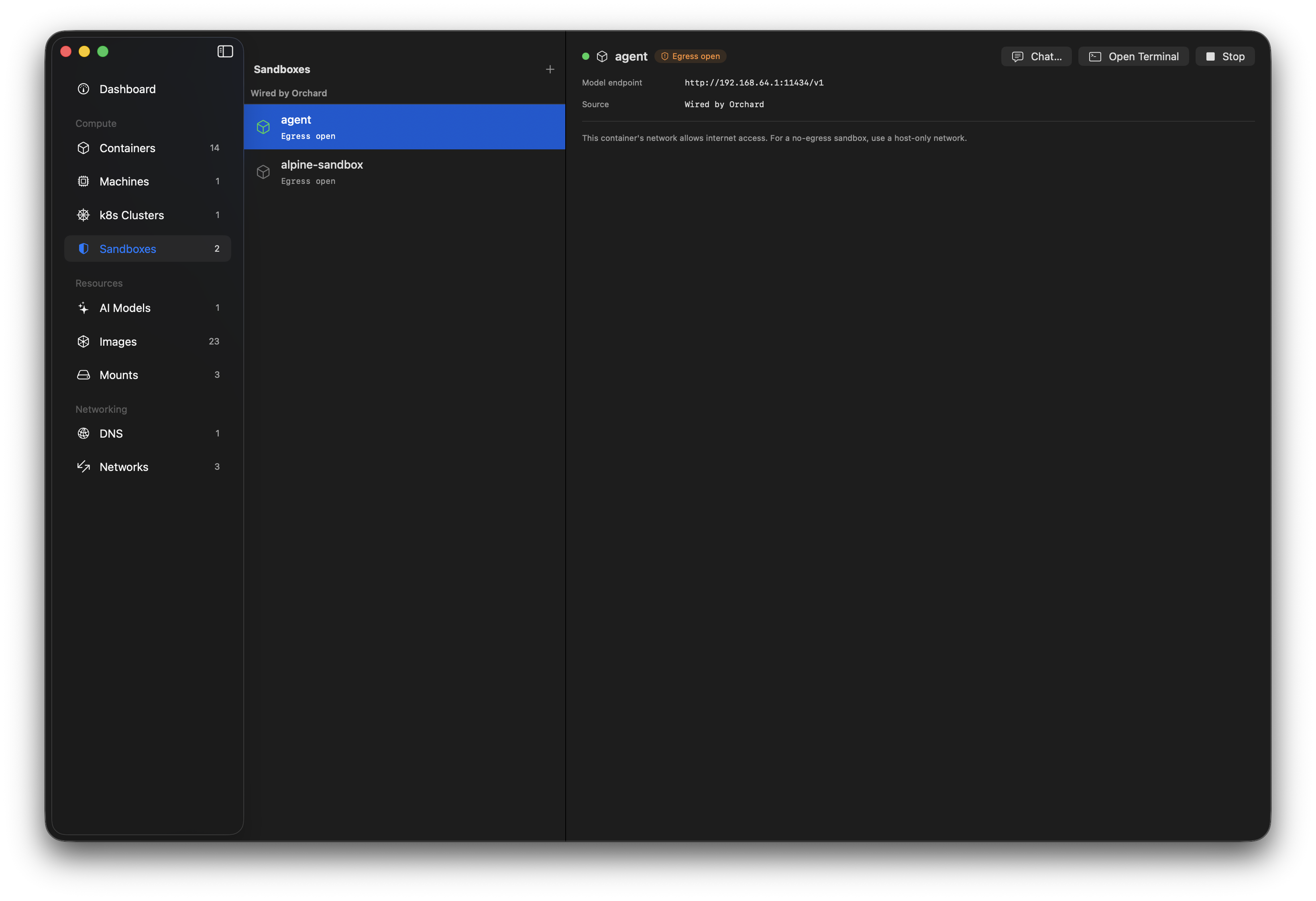 A sandboxed agent in Orchard: the Isolated badge, its model endpoint, and chat, terminal and stop controls - with a note that the container can reach the model but has no internet access